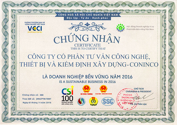 Chứng nhận Doanh Nghiệp Bền Vững 2016