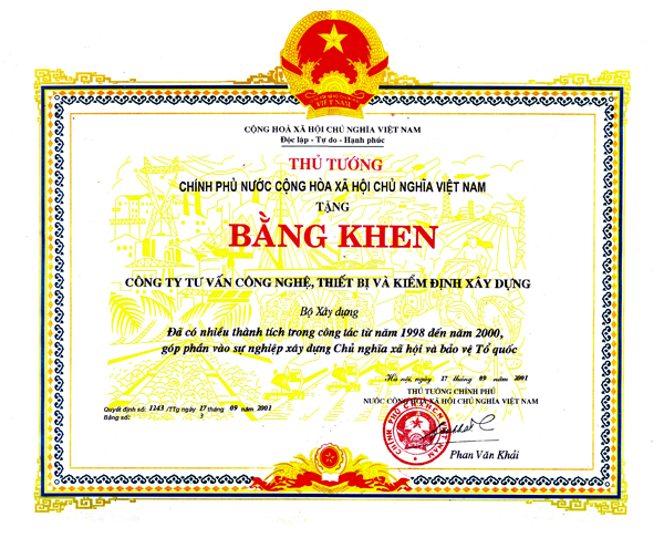 Bằng khen của Thủ tướng Chính phủ Phan Văn Khải