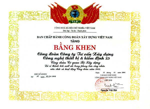 Bằng Khen Công đoàn Công Ty Công nghệ thiết bị và Kiểm định Xây dựng
