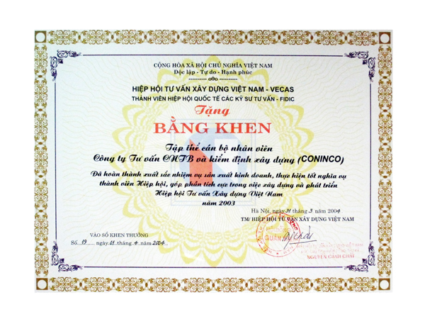 Bằng Khen Hiệp Hội Tư Vấn Xây dựng Việt Nam - VECAS